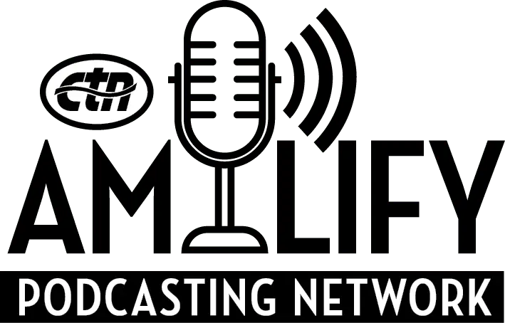 Amplify Podcasting Network logo with a bold microphone icon and sound waves above the words'PODCASTING NETWORK'.
