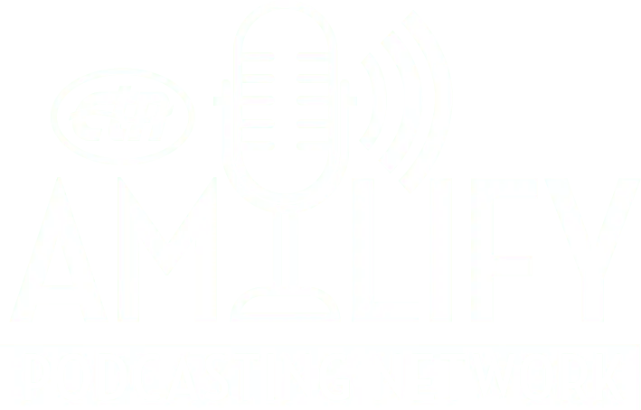 Amplify Podcasting Network logo with a vintage microphone and broadcast waves