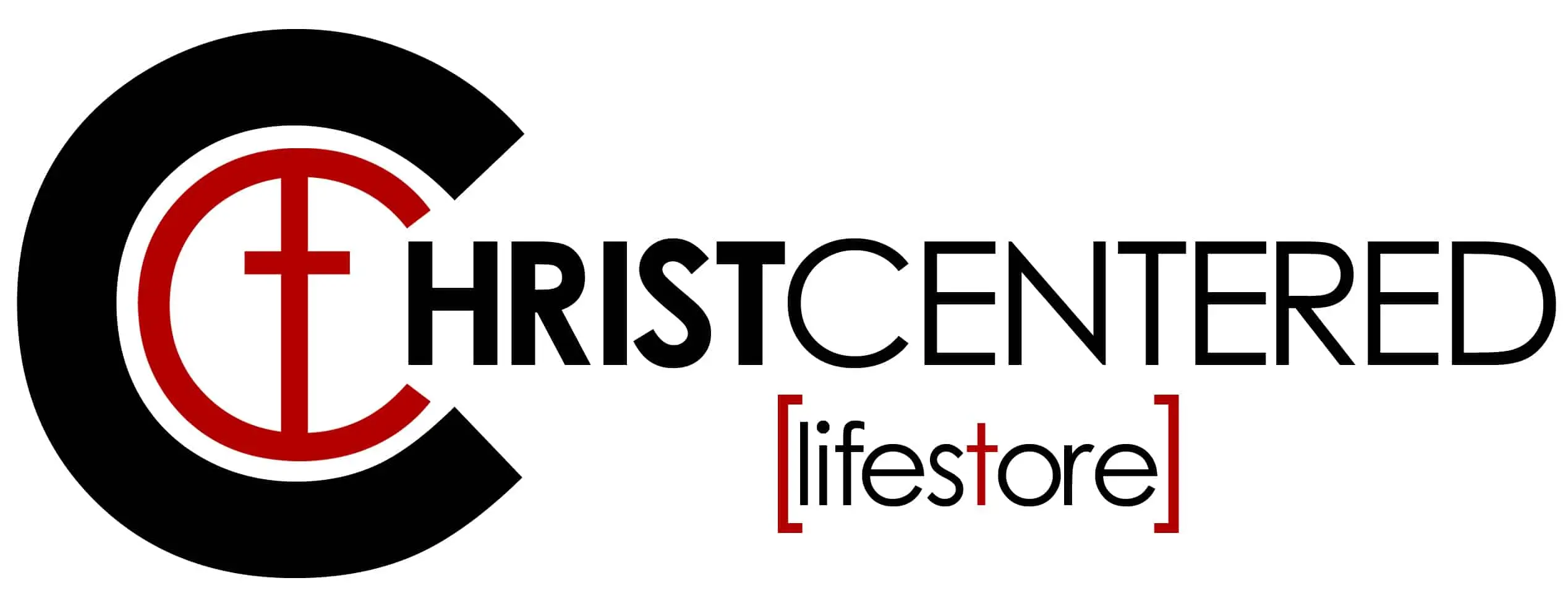 Logo for ChristCentered Lifestore featuring a bold'CHRISTCENTERED' wordmark with a red cross inside a black 'C' and red-bracketed 'lifestore'