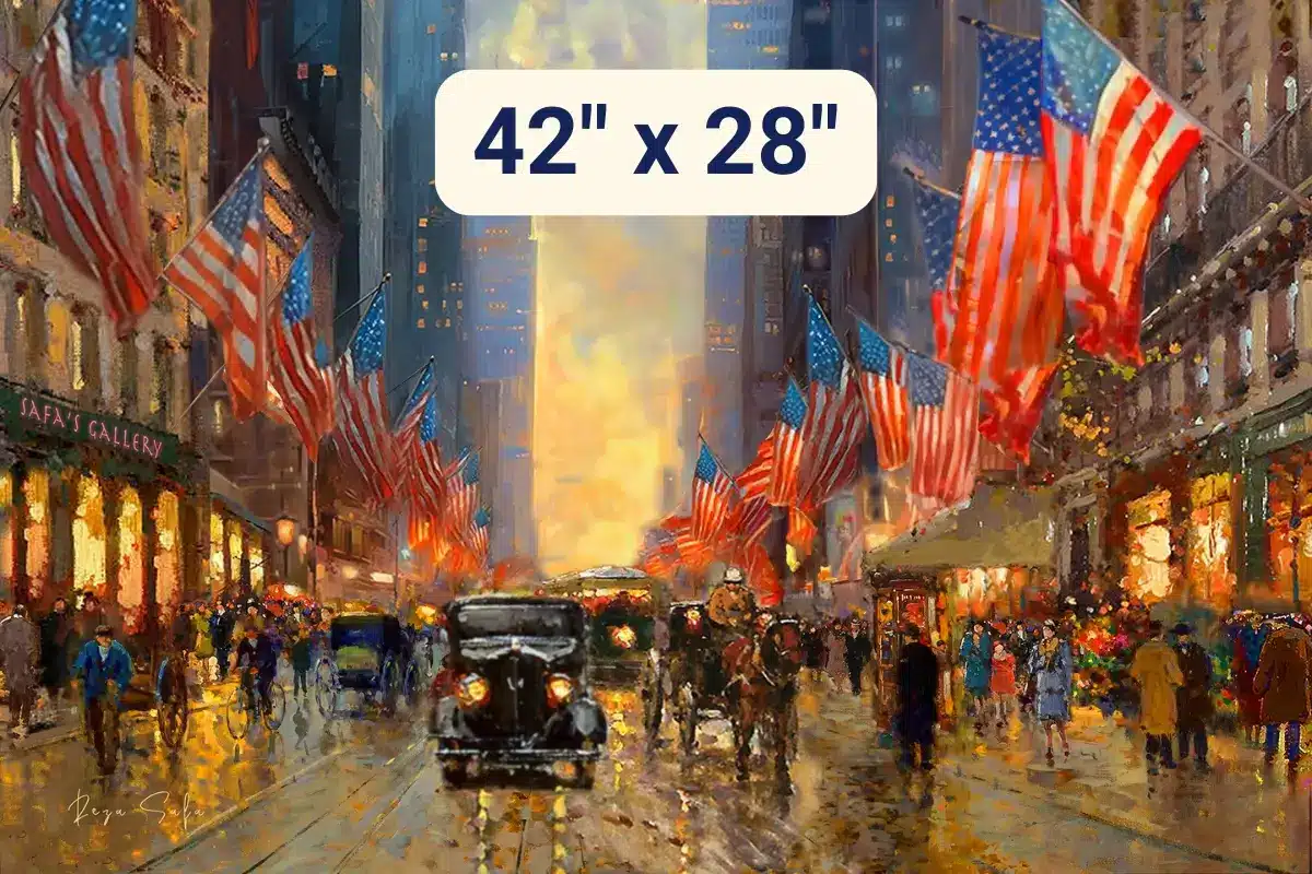 Painted city street scene with American flags lining storefronts, vintage cars, and pedestrians in a glowing evening atmosphere.