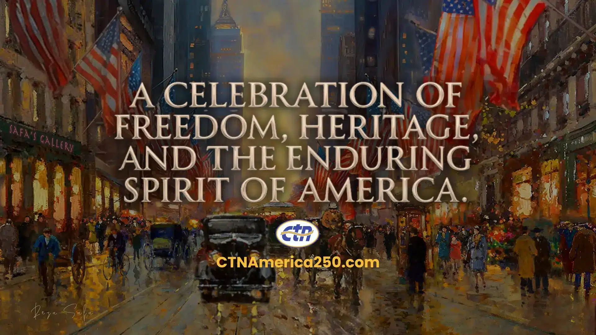 Banner image of a crowded city street with American flags, overlaid with text:'A celebration of freedom, heritage, and the enduring spirit of America'.