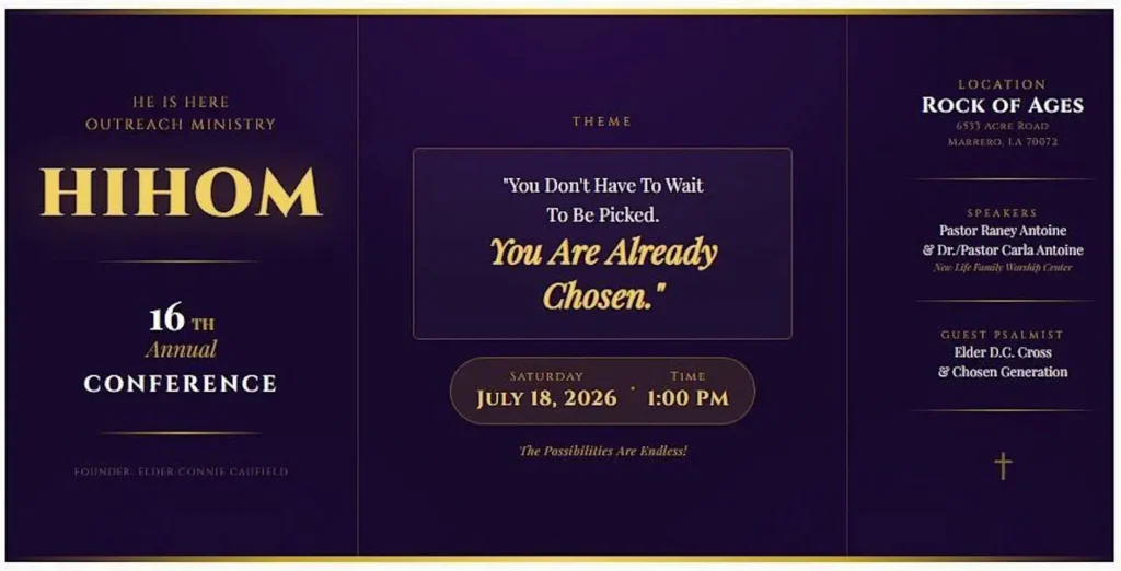 Conference flyer: dark purple panels with gold text announcing HIHOM Outreach Ministry 16th Annual Conference, date and location details on sides and center quote.