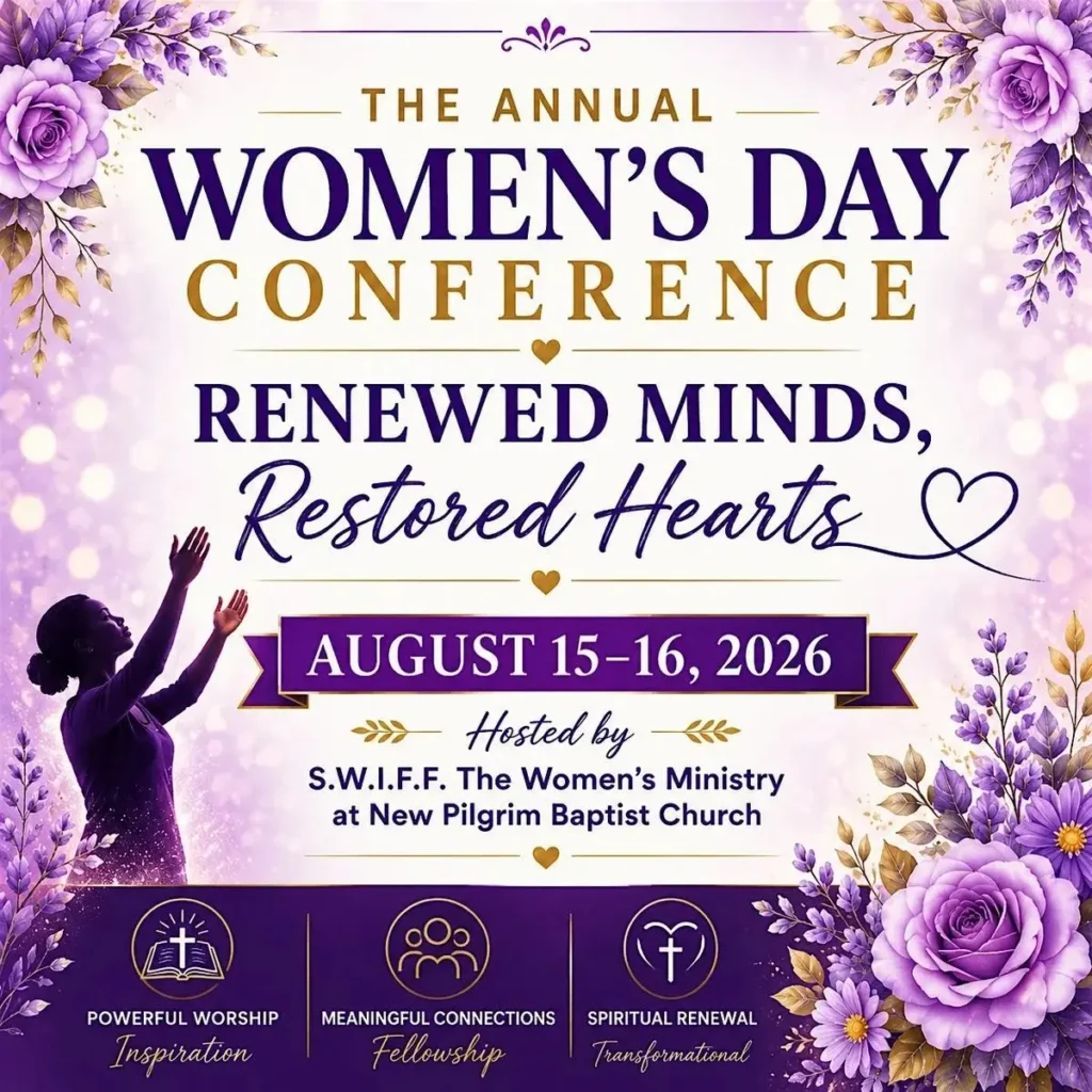 Poster announcing The Annual Women's Day Conference: Renewed Minds, Restored Hearts, August 15–16, 2026, with purple floral design.