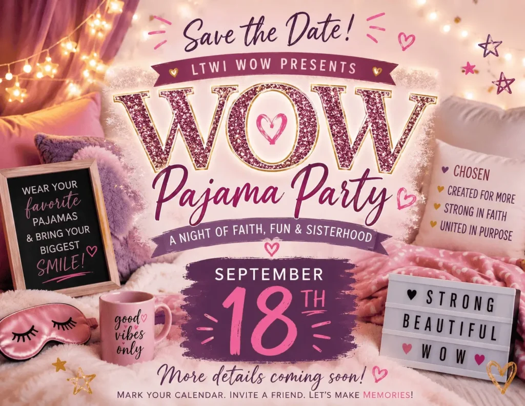 Promotional poster for a WOW Pajama Party with'Save the Date' and the date September 18, set in a pink, cozy bedroom scene with lights and props.