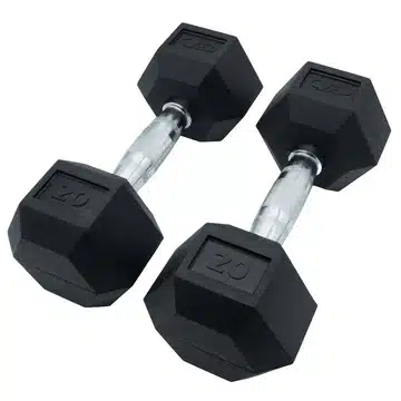 Two 20-pound hex dumbbells with metal handles on a white background. They are arranged side by side for weight training.