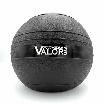 Black textured medicine ball with a glossy band reading FITNESS VALOR USA.